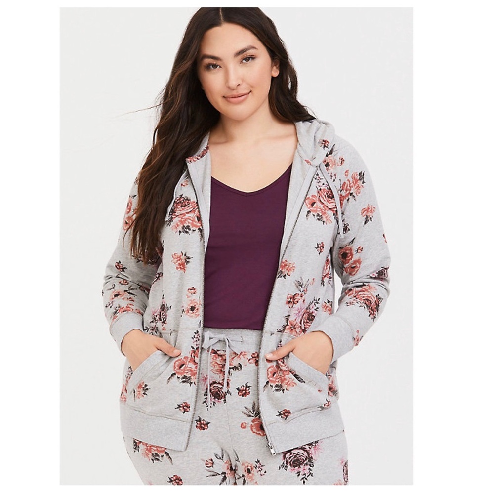 Light Grey Floral Zip Hoodie
